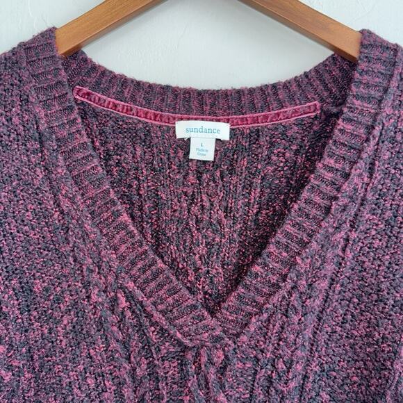 Sundance Cable Knit Pullover Sweater Women’s L Red Black V Neck High Low Hem - Picture 4 of 7